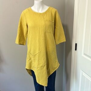 Cynthia Ashby Top Tunic Gauze Ribbed Lagenlook Layered Cotton Yellow Sz S